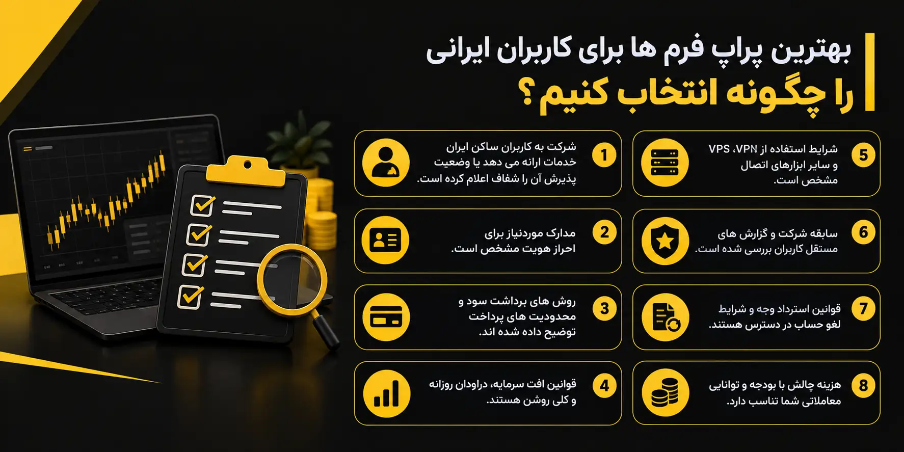 تحریم در پراپ تریدینگ؛ ۹ نکته مهم برای تریدرهای ایرانی 2 چک لیست انتخاب بهترین پراپ فرم ایرانی - تحریم در پراپ تریدینگ